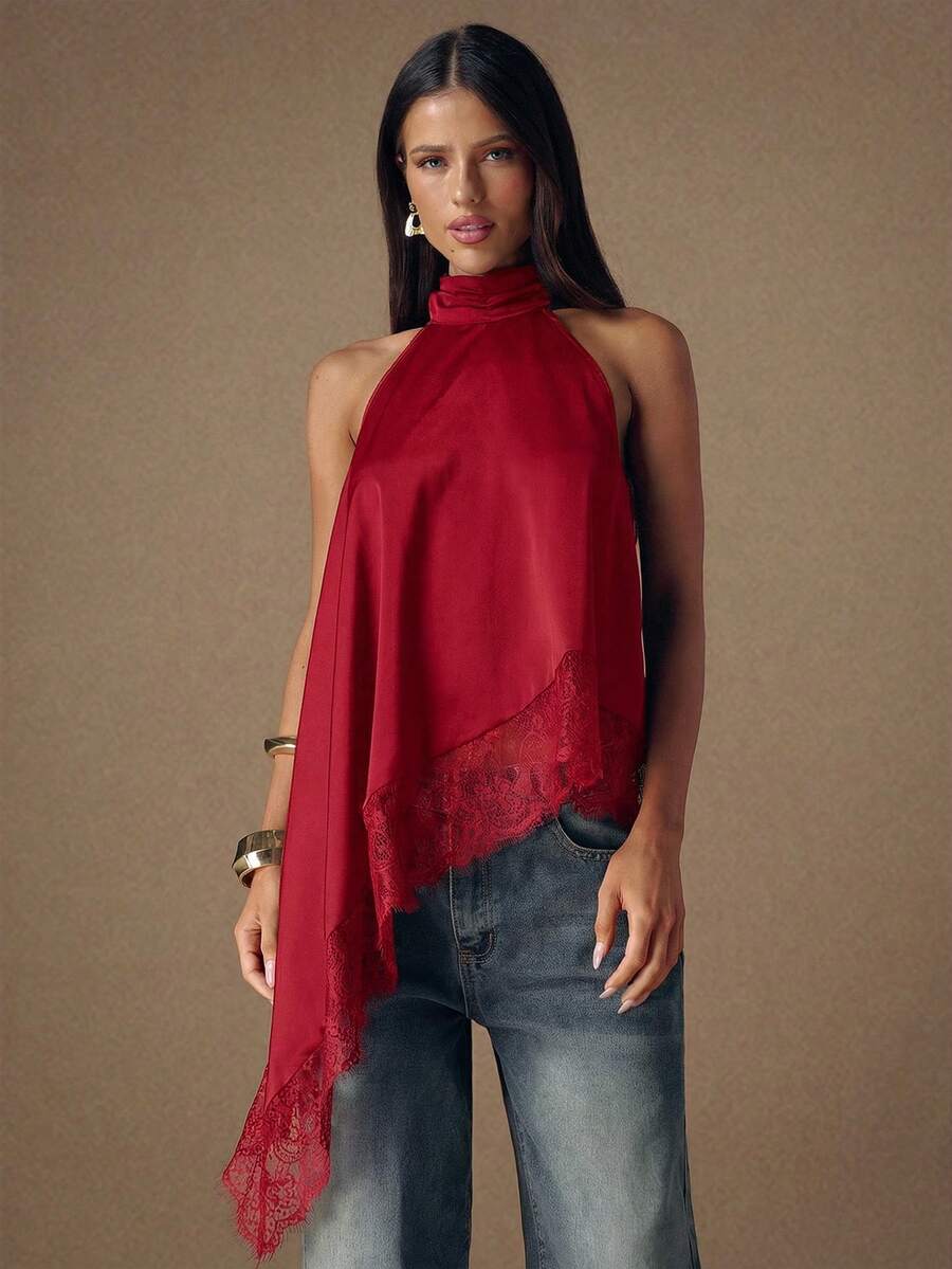 SHEIN BAE 优雅蕾丝拼接露背吊带背心，性感缎面无袖上衣，适合派对、鸡尾酒会、正式场合、圣诞节、商务休闲等场合。 - 紅色 - 查看 1