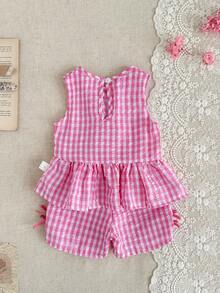 SHEIN Conjunto de Colete e Shorts com Laço Xadrez para Bebê Menina - Rosa chiclete - Visão 2
