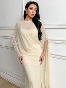 Modelyn Women's Apricot Autumn Elegant Dining Dress,Solid Round Neck Ribbon Fitted Mermaid Hem Batwing Long Sleeve Sheer Long Dress With Cape Goddess Dress - Light Yellow - View 6
