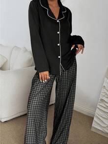 Dream Adore Conjunto de pijama a cuadros con cuello y decoración de botones para mujer de Doze Lane - Negro - Ver 3