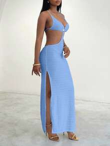 Amplova Shell Metal Decor High Slit Women Dress - Baby Blue - View 8