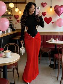 Elenzga Elegant Sexy Party Dress With Pearl Decor & Cutout Design, Autumn/Winter - Red - View 8