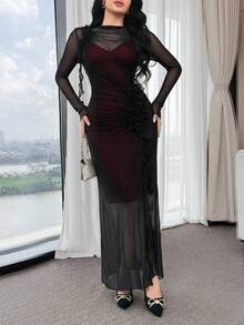 Feyla Women's Elegant Sexy Sheer Mesh Ruffle Trim Fitted Long Dress - Burgundy - View 4