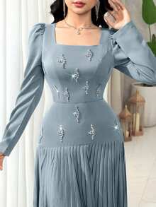 Modelyn 女士水钻装饰褶皱优雅长袖连衣裙 - 藍色 - 查看 3