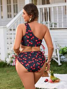 Swim Mod 2026新款加大码女式夏季沙滩度假樱桃印花泳衣上装，甜美性感抽绳收腰不对称肩带设计，甜美可爱加大码泳衣上装 - 黑色 - 查看 2
