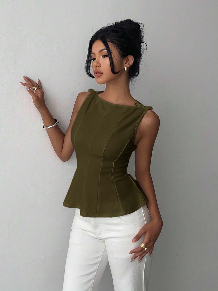 Aloruh 女士优雅无袖通勤衬衫，简约设计 - 軍綠色 - 查看 1