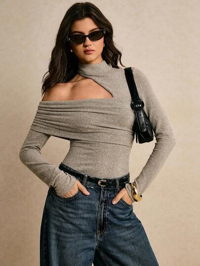 Poéselle Women's Casual Fashion Street Chic Minimalist Solid Color Collar Cutout Ruched Long Sleeve Fitted T-Shirt, Spring/Autumn