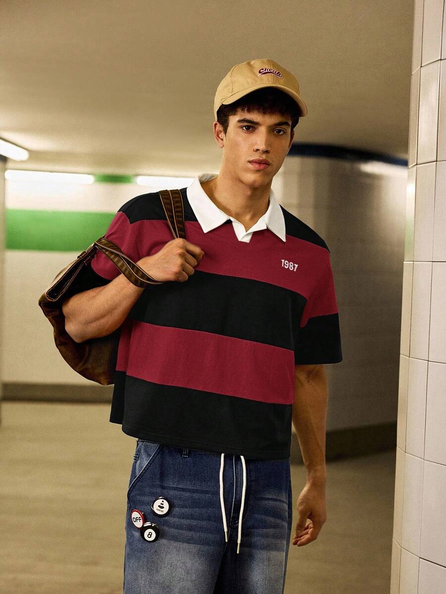 SWAVVY Men's Knitted Casual Daily Loose Short Sleeve Button-Up POLO Shirt - Red - View 1