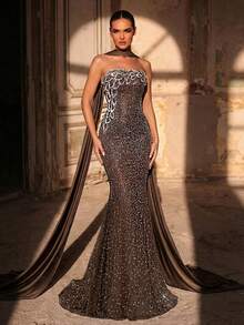 Aureia 女士优雅奢华珍珠亮片美人鱼尾设计吊带长裙，适合婚礼、派对、度假、晚宴、正式晚装（重工装饰） - 咖啡棕 - 查看 5