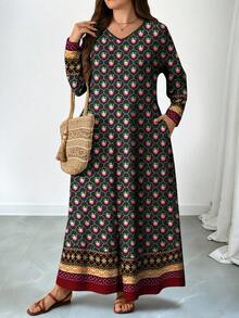 Lacomfia 大码女式花卉图案数码印花V领短袖连衣裙，带口袋，喇叭下摆，春夏款 - 彩色 - 查看 3