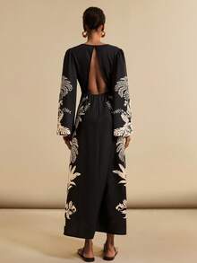 SHEIN Veneréa Women's V-Neck Printed Backless Split Flare Sleeve Dress, Beach Cover Up For Summer Vacation - Multicolor - View 2