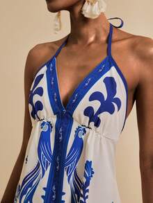 SHEIN Veneréa Women's Summer Beach Bohemian Blue & White Floral Parrot Print V-Neck Sleeveless Backless Strap Vacation Coverup Dress - Multicolor - View 7