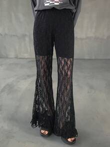 FRIFUL Quần dài nữ cạp chun, ống loe ren toàn thân, viền bèo nhún, thích hợp mặc mùa hè. - màu đen - Xem 5