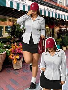 SHEIN EZwear 大码长袖修身前扣休闲条纹衬衫 - 黑與白 - 查看 1