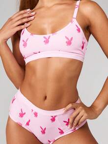 Missguided x Playboy 兔子印花圆领文胸和三角裤内裤套装 可爱动物图案内衣 - 粉色 - 查看 3
