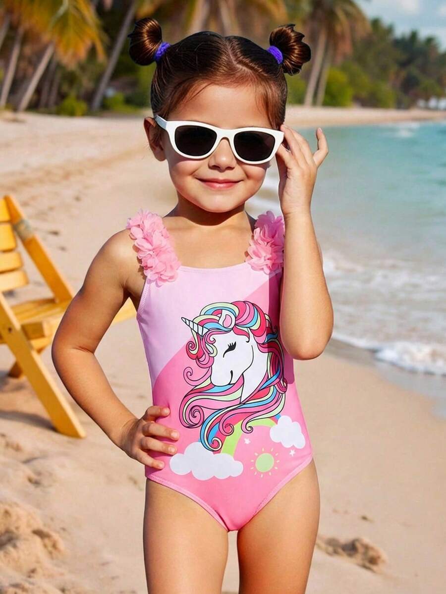 小女孩可爱花朵荷叶边阳光彩虹小马印花连体泳衣，休闲沙滩度假泳装，拍照服