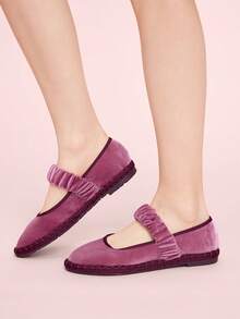 CUCCOO DOLLMOD Women's Bright Orange Elegant Velvet Classic Comfortable Velvet Pleated Elastic Mary Jane Flat Shoes Spring Shoes - Rusty Rose - View 3
