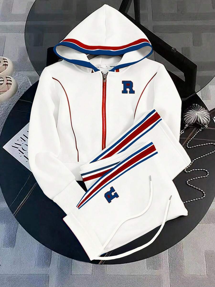 Franclia 常规款连帽长袖开衫上衣 + 直筒裤 - 白色 - 查看 1