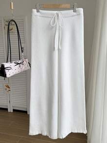 SHEIN EZwear Plus Size Minimalist Fashion Drawstring Waist High Waisted Flare Pants - White - View 3