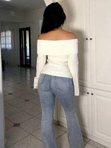 Vassilux Off Shoulder Fold Over Sweater,Long Sleeve Tops Knit Pullover Fall Winter Outfit - Beige - View 2