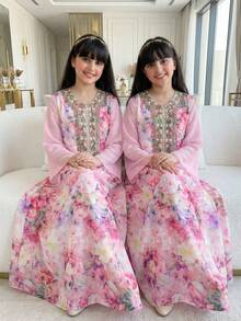 SHEIN 优雅花卉蕾丝边连衣裙，适合少女，时尚闪亮图案，中东风情，优雅精致的派对礼服 - 粉色 - 查看 9