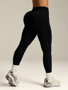 Rhythm Era 1件装女士加大码无缝性感豹纹交叉腰带健身紧身裤，适合锻炼、跑步、瑜伽等运动。 - 黑色 - 查看 2