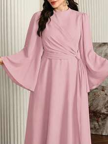 Modelyn Plus Size Women's Elegant Long Dress With Stand Collar And Flowing Scarf, Deep Red - Pink - View 4