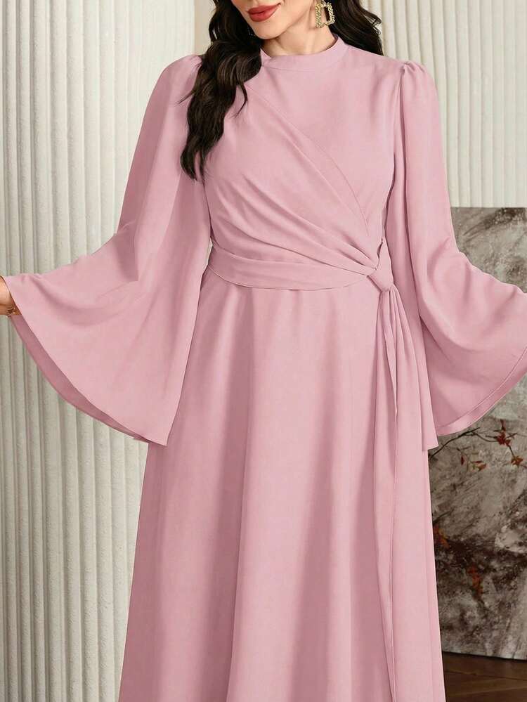 Modelyn Đầm dài thanh lịch dành cho nữ cỡ lớn, cổ đứng và khăn choàng dài, màu đỏ đậm. - Hồng - Xem 4