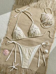 Bonvoyette Bộ bikini tankini mùa hè mới gợi cảm, dây buộc cổ, kiểu dáng ngọt ngào, ôm sát vòng một, màu mơ trơn, chất liệu lưới, phong cách tối giản thanh lịch, phụ kiện hình sao biển móc 3D, túi tam giác, thích hợp cho kỳ nghỉ biển, tuần trăng mật, bikini phong cách boho, bộ bikini móc, bộ hai mảnh đi biển, bikini vỏ sò. - Màu be - Xem 2