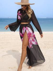 Swim Vcay 2026 Retro Floral Print Loose Long Sleeve Chiffon Cover Up & High Waist Long Skirt Set, Women Summer Beach Vacation Casual Outfit - Black - View 1