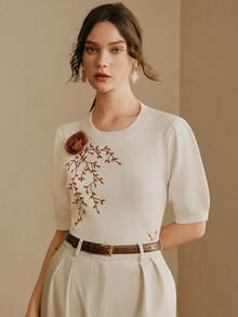 Anewsta Women's Round Neck Embroidered Puff Sleeve Knit Top - White - View 7