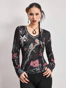 ROMWE Avant Camiseta ajustada con caracteres chinos y adornos de strass vintage Y2K - Negro - Ver 7