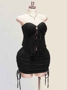 SHEIN ICON Plus-Size Women's Retro Y2K Black Summer 70's Night Out Club Party Hollowed-Out Drawstring Mesh Strapless Top&Slim Pencil Skirt Set,Valentine's Day - Black - View 7