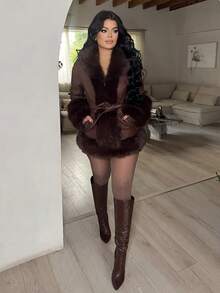 Dayanna Comas 新款秋冬毛绒夹克配狐狸毛边饰，女士长款毛茸茸皮草大衣简约时尚， - 咖啡棕 - 查看 4