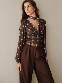 Áo kiểu nữ Anewsta thanh lịch cổ buộc dây, chất liệu satin mềm mại, màu nâu chấm bi cổ điển, tay dài, thích hợp cho mùa xuân/hè. - màu nâu - Xem 6