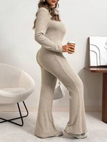 Vionelle 大码女式休闲前拉链连帽连体裤，喇叭裤腿长袖连体衣，适合日常穿着、居家、街头风、圣诞节、新年及其他场合。 - 灰色 - 查看 1