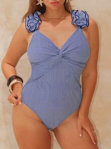 Swim Chiccia 加大码连体泳衣，蓝白条纹印花，简约性感设计，女士款 - 藍色 - 查看 3