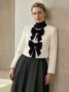 MOTF PREMIUM 加大码粗花呢蝴蝶结撞色修身优雅夹克 - 黑與白 - 查看 2