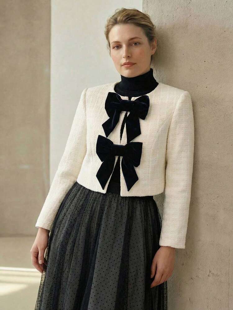 PLUS SIZE TWEED BOW CONTRAST COLOR BOXY SOPHISTICATED ELEGANT JACKET