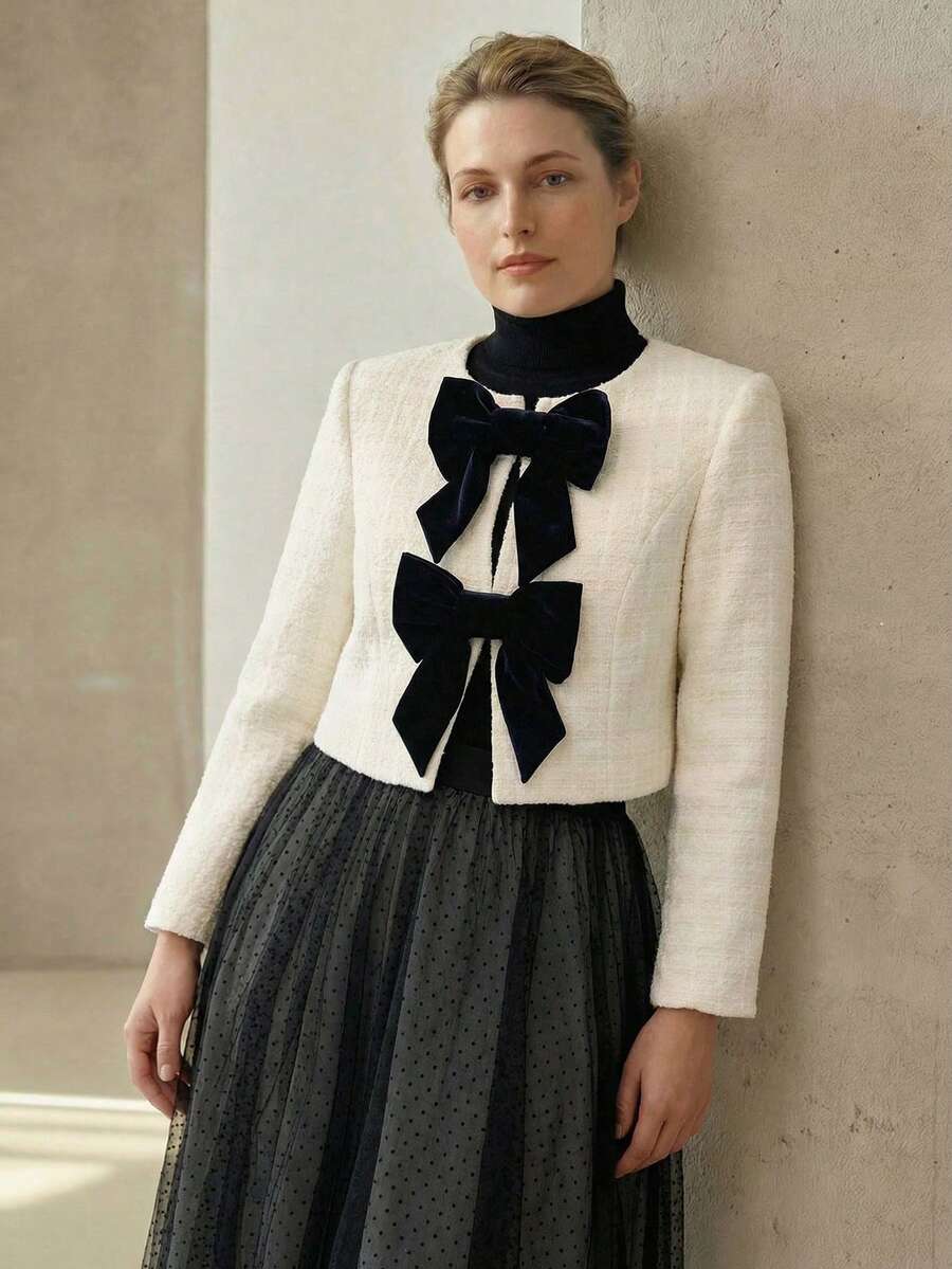 MOTF PREMIUM 加大码粗花呢蝴蝶结撞色修身优雅夹克