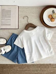 SHEIN 2pcs/Set Baby Boy/Girl Casual Cute Crayon Animal Print Loose Round Neck Knit Top T-Shirt And Shorts Set, Suitable For Spring/Summer Wear - Multicolor - View 2