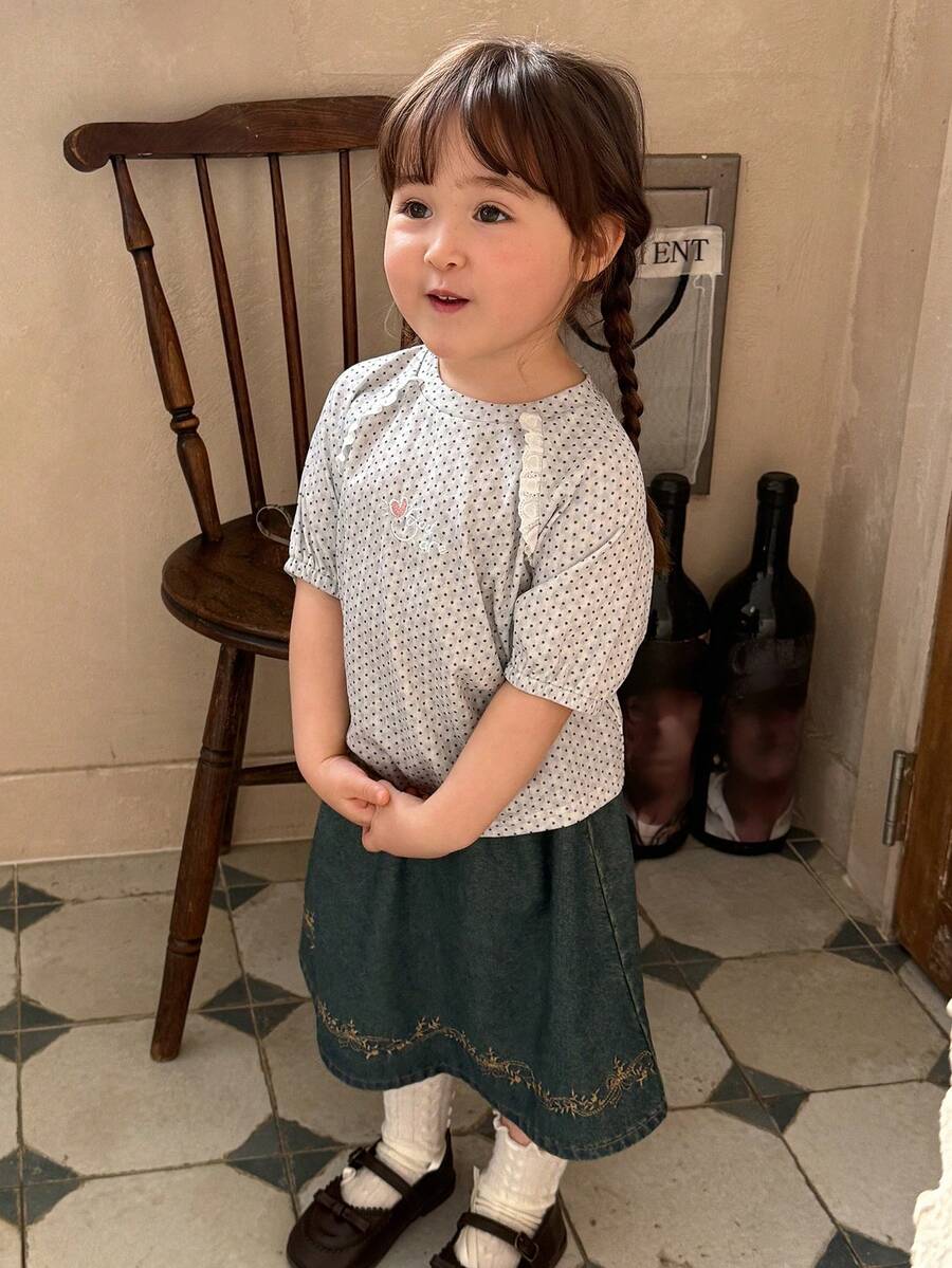 DAZY 女童圆领波点卡通印花蕾丝拼接长袖上衣，春夏款 - 灰色 - 查看 1