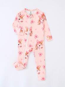 女婴紧身粉色蝴蝶结独角兽数码印花长袖拉链连体衣 - 粉色 - 查看 3