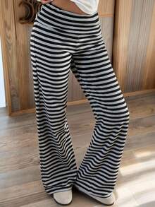 SHEIN EZwear Quần dài nữ dệt kim kẻ sọc rộng rãi thoải mái - Màu xám đen - Xem 2