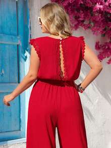 Vivid Eden Plus Size Women's Fashion Floral Lace V-Neck Long Jumpsuit, Suitable For Valentine's Day Red Rompers For Women Red Jumpsuit Women Vacation Jumpsuit Women Red Vacation Outfit Red Summer Outfit Women,Plain/Plaid/Striped/Casual - Red - View 11