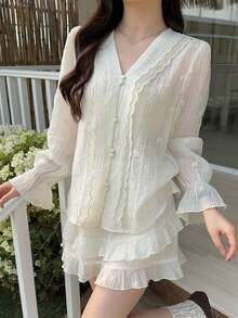 DAZY 2pcs Women V-Neck Ruffle Trim Casual Blouse Set - White - View 2