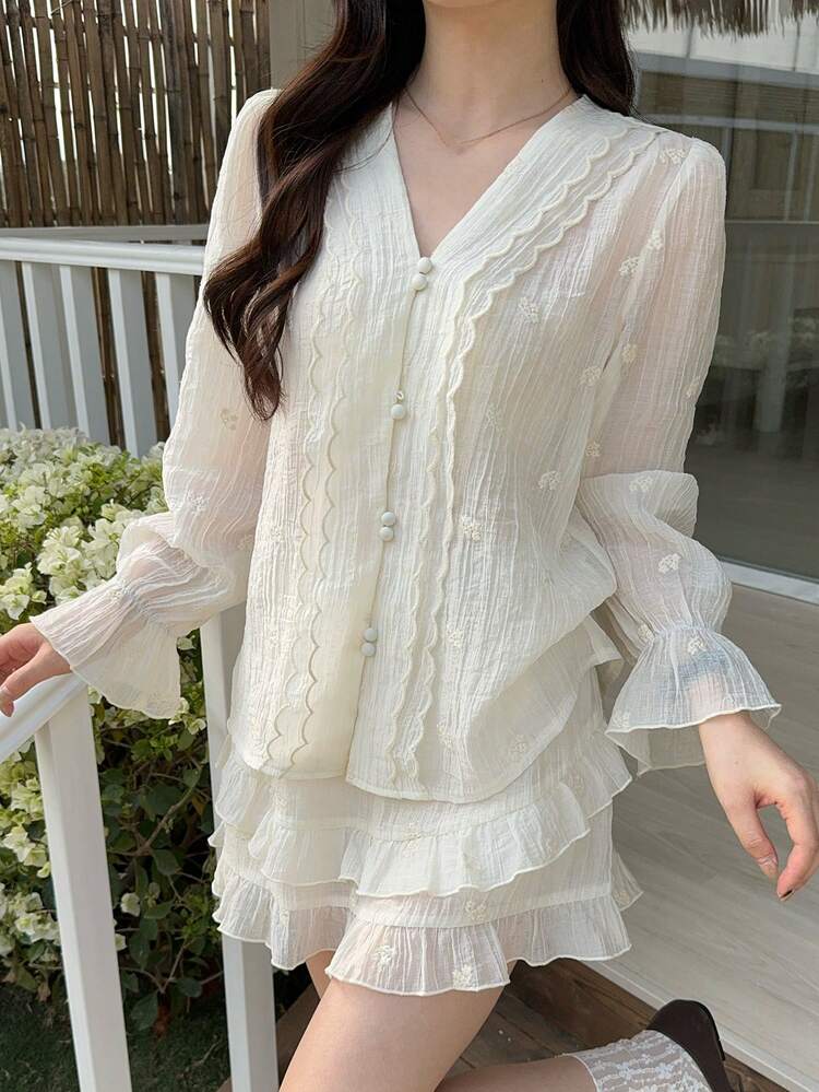 2pcs Women V-Neck Ruffle Trim Casual Blouse Set