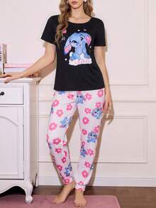 甜美碎花圆领撞色女士睡衣套装 - 彩色 - 查看 4