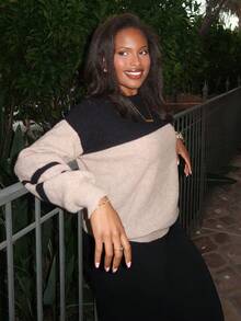 Tyla Gomez Color Block Drop Shoulder Sweater,Long Sleeve Tops Knit Pullover Fall Winter Outfit - Mocha Brown - View 4