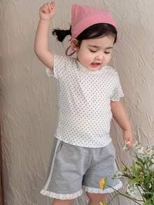 Dazy Kids 女童荷叶边下摆波点印花长袖上衣，韩版风格，春夏款 - 白色 - 查看 6